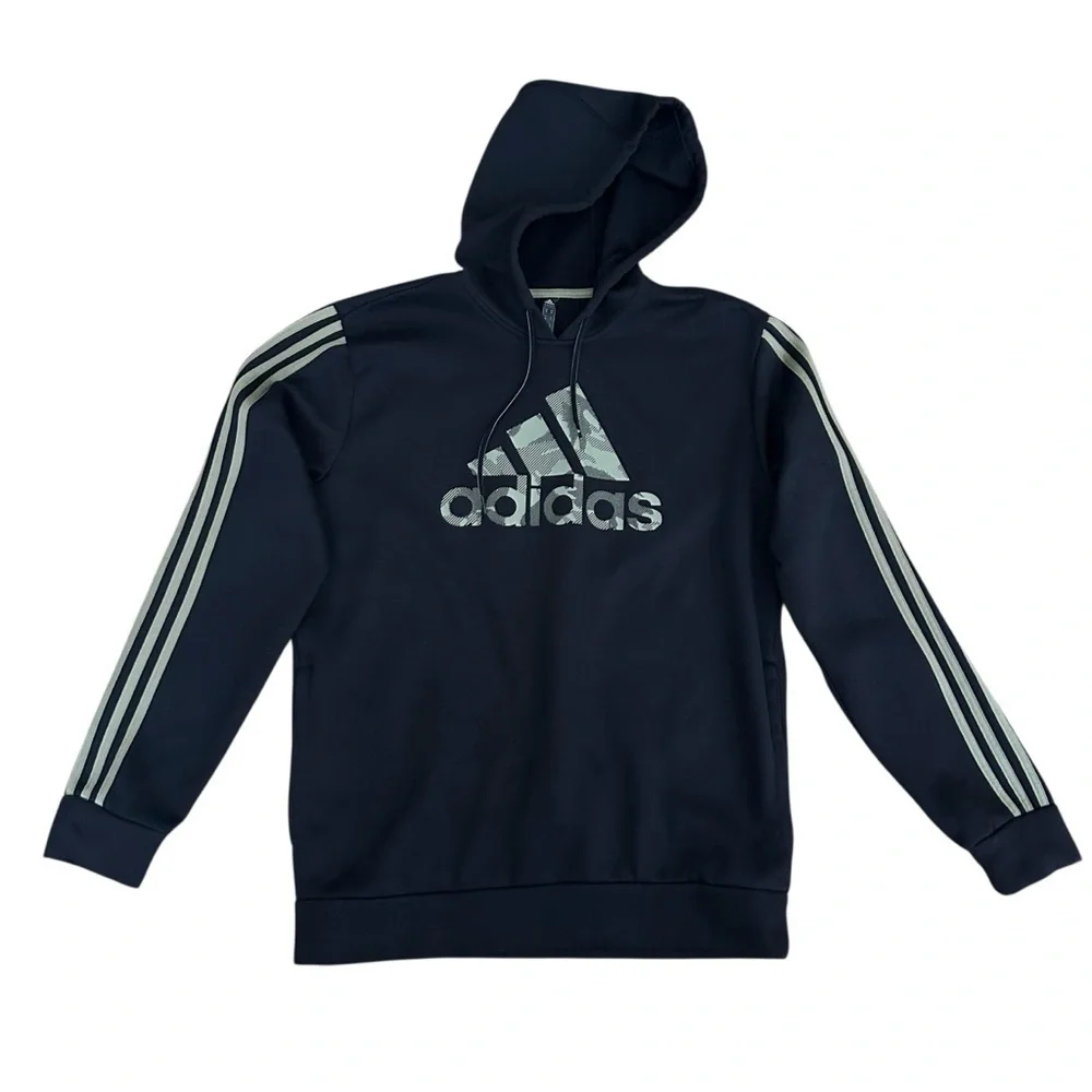 ADIDAS Black Camo Logo Three Stipe Hoodie Sweatshirt Graphic‎ Athletic Wear M